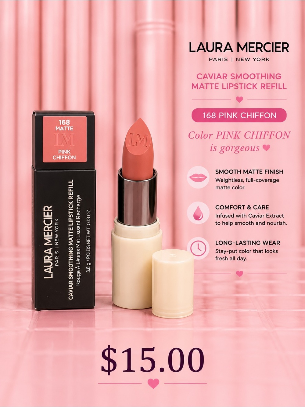 laura mercier Pink Chiffon Caviar Smoothing Matte Lipstick Refill